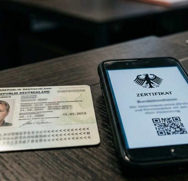 Personalausweis und Smartphone mit digitalem Führungszeugnis als PDF