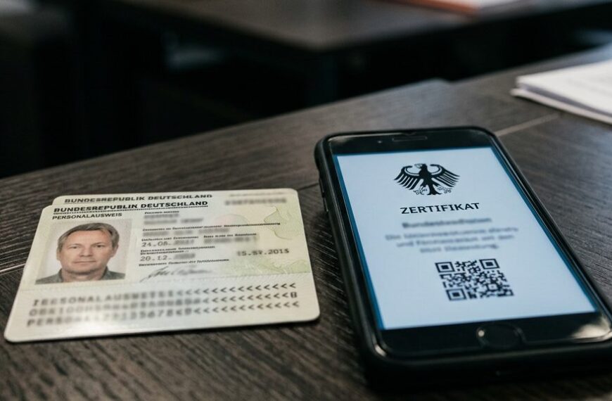 Personalausweis und Smartphone mit digitalem Führungszeugnis als PDF