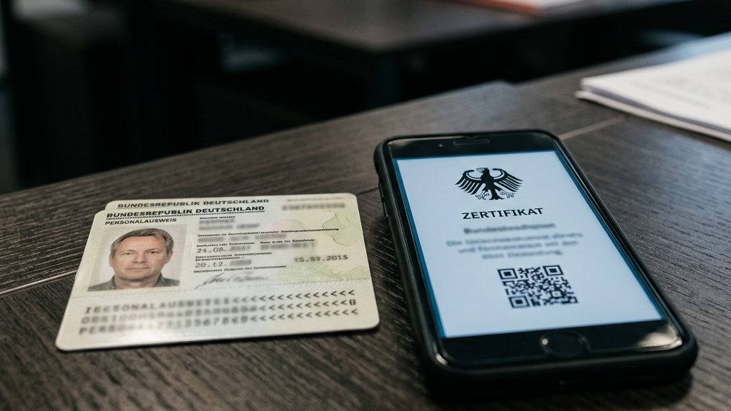 Personalausweis und Smartphone mit digitalem Führungszeugnis als PDF
