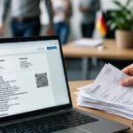 Laptop mit strukturierter elektronischer Rechnung (E-Rechnung) auf einem Schreibtisch, daneben Papierrechnungen