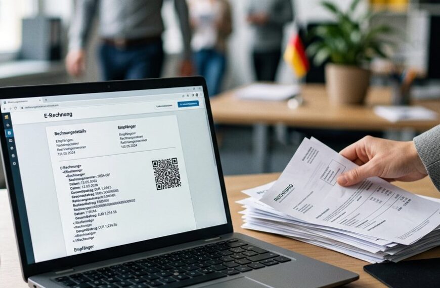 Laptop mit strukturierter elektronischer Rechnung (E-Rechnung) auf einem Schreibtisch, daneben Papierrechnungen