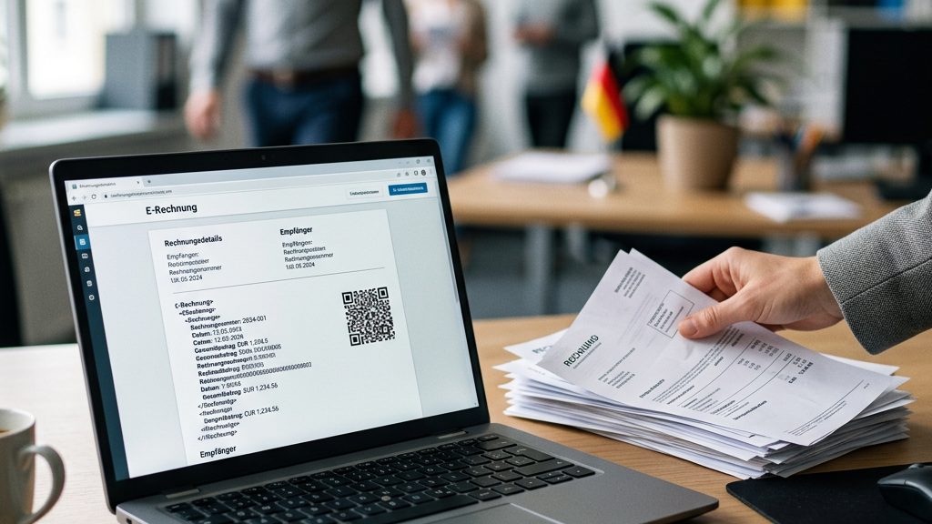 Laptop mit strukturierter elektronischer Rechnung (E-Rechnung) auf einem Schreibtisch, daneben Papierrechnungen