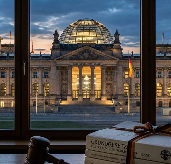 Reichstagsgebäude in Berlin mit Gesetzesunterlagen und Richterhammer — Jahressteuergesetz 2026