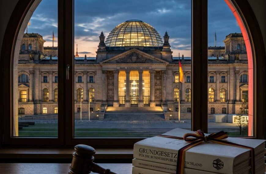 Reichstagsgebäude in Berlin mit Gesetzesunterlagen und Richterhammer — Jahressteuergesetz 2026