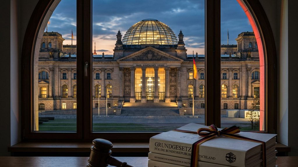 Reichstagsgebäude in Berlin mit Gesetzesunterlagen und Richterhammer — Jahressteuergesetz 2026