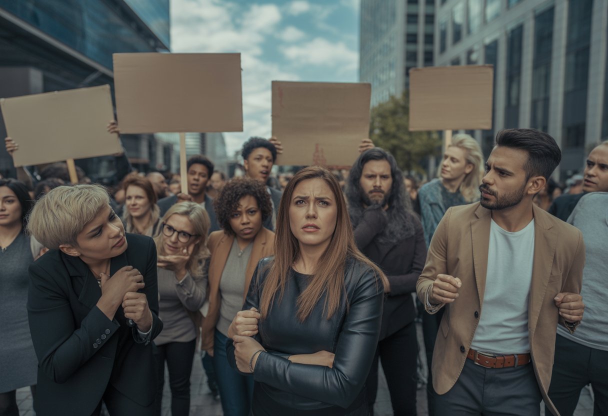Menschen versammeln sich auf einem Stadtplatz und halten leere Protestschilder, sie wirken enttäuscht und entschlossen.