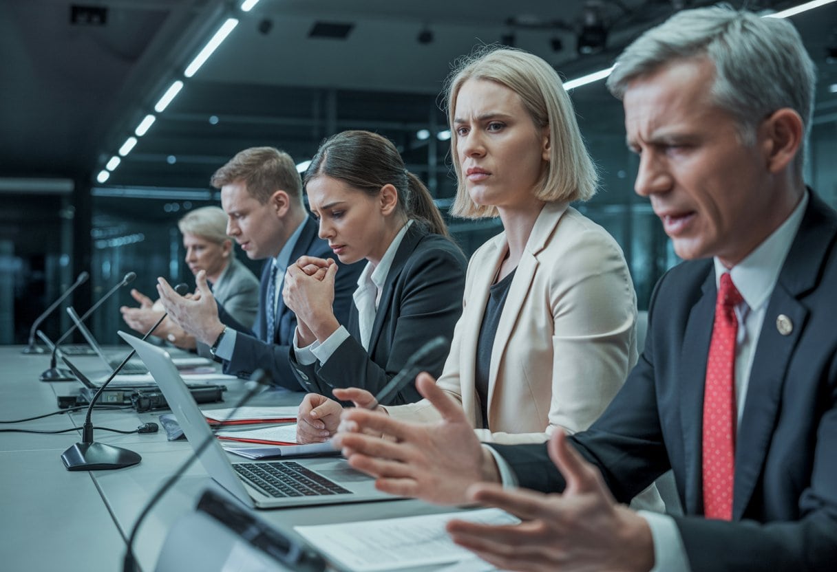 Menschen in einem Konferenzraum, die ernst und enttäuscht aussehen, während sie an einer politischen Diskussion teilnehmen.