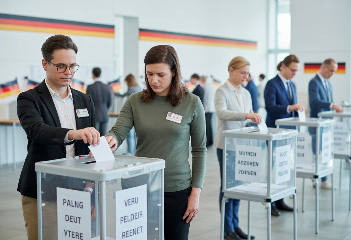 Menschen geben ihre Stimmen in einem gut organisierten Wahllokal in Deutschland ab, überwacht von Wahlhelfern.