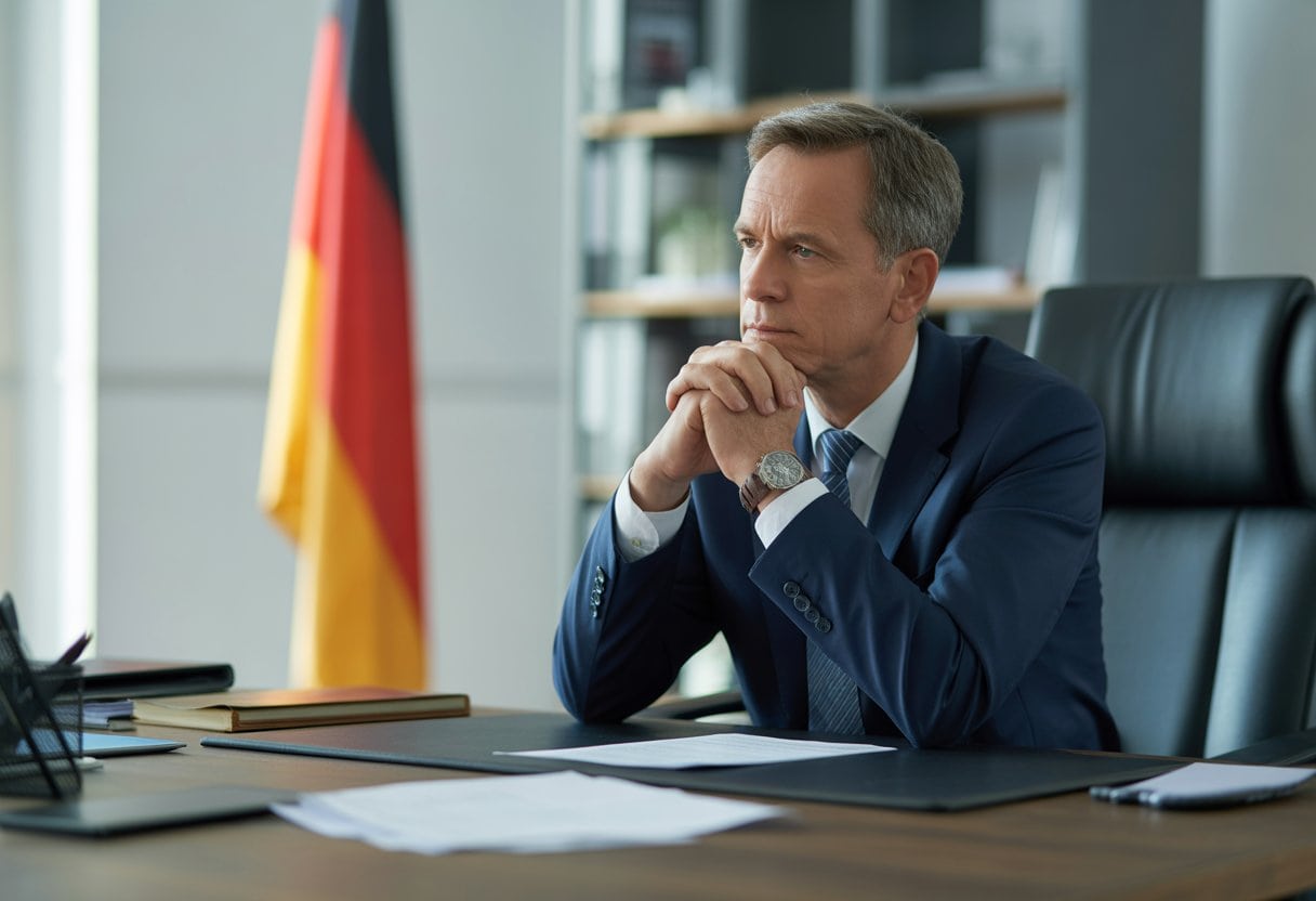 Ein Mann in einem Anzug sitzt nachdenklich an einem Schreibtisch in einem Regierungsbüro mit einer deutschen Flagge im Hintergrund.
