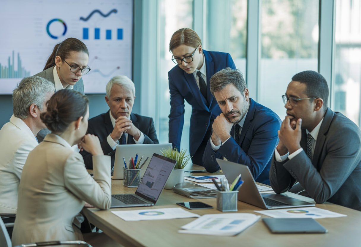 Mehrere Geschäftsleute diskutieren ernsthaft an einem Konferenztisch in einem modernen Büro mit Dokumenten und Laptops.
