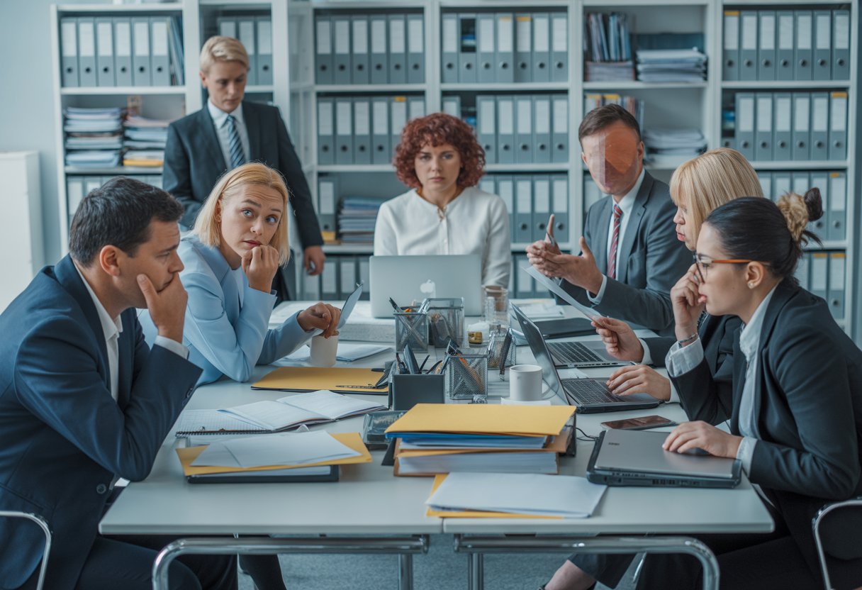 Menschen in einem Büro sitzen an einem Tisch mit vielen Unterlagen und diskutieren ernsthaft.