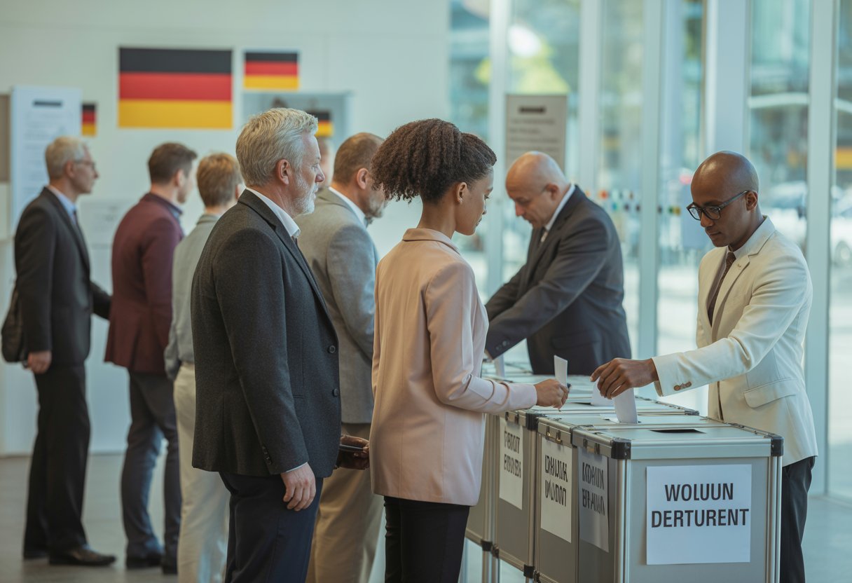 Menschen verschiedener Altersgruppen und Herkunft warten in einem Wahllokal, um ihre Stimme abzugeben.