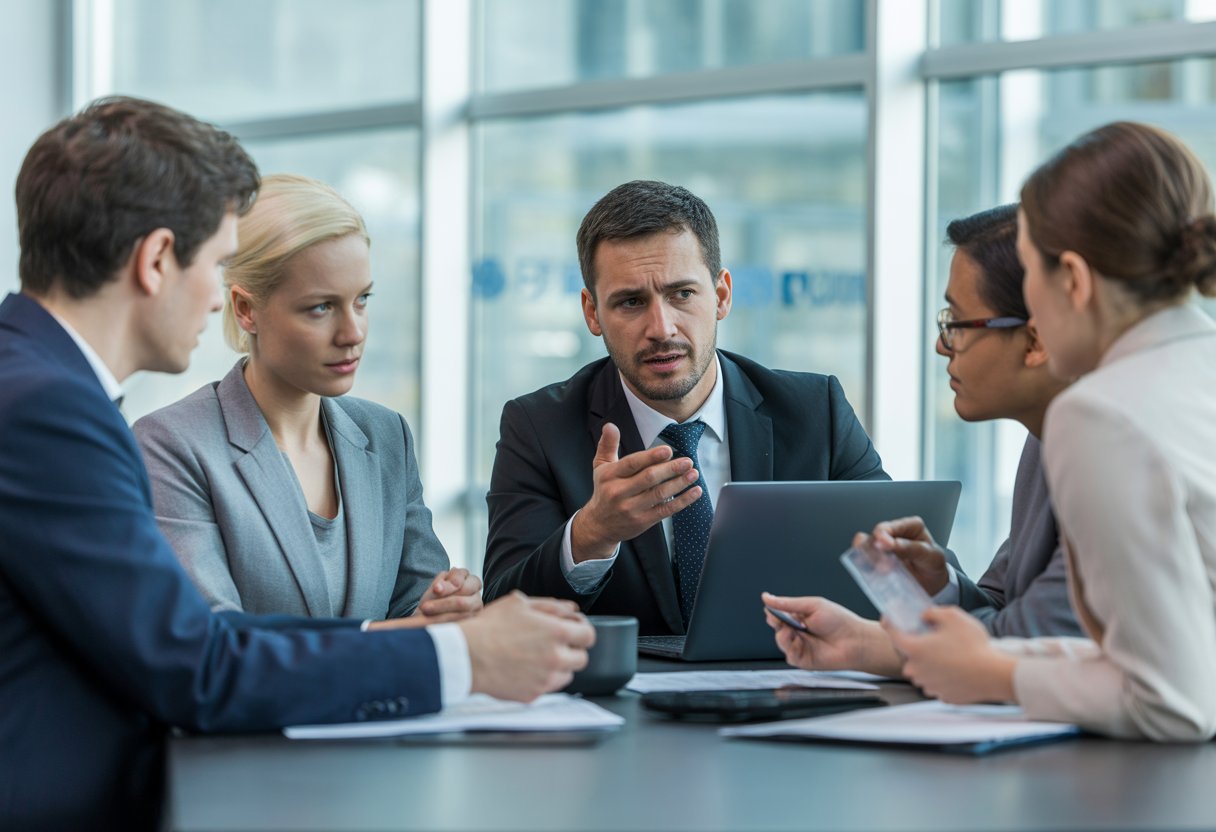 Ein Geschäftstreffen in einem modernen Büro, bei dem mehrere Personen an einem Konferenztisch sitzen und diskutieren.