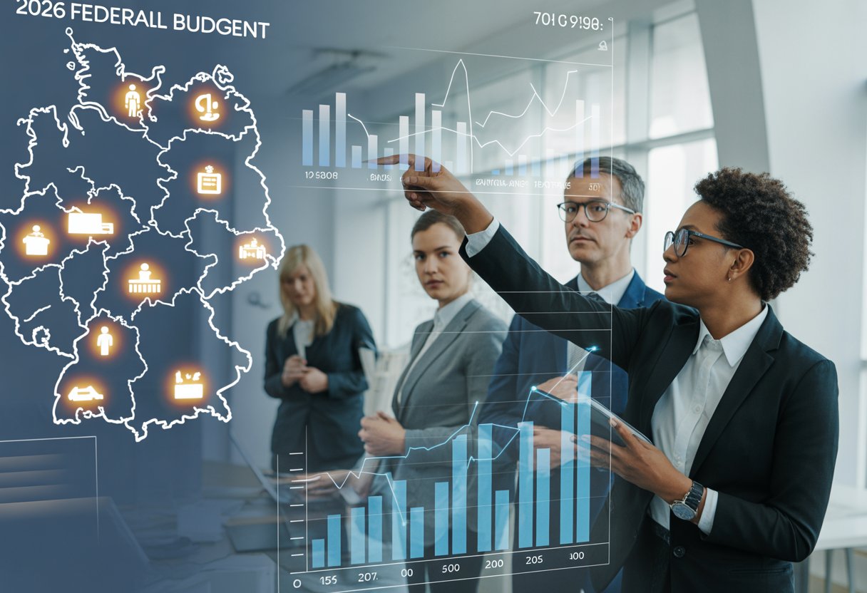 Menschen in einem modernen Büro analysieren digitale Diagramme und eine Deutschlandkarte mit verschiedenen Sektoren der Staatsausgaben.