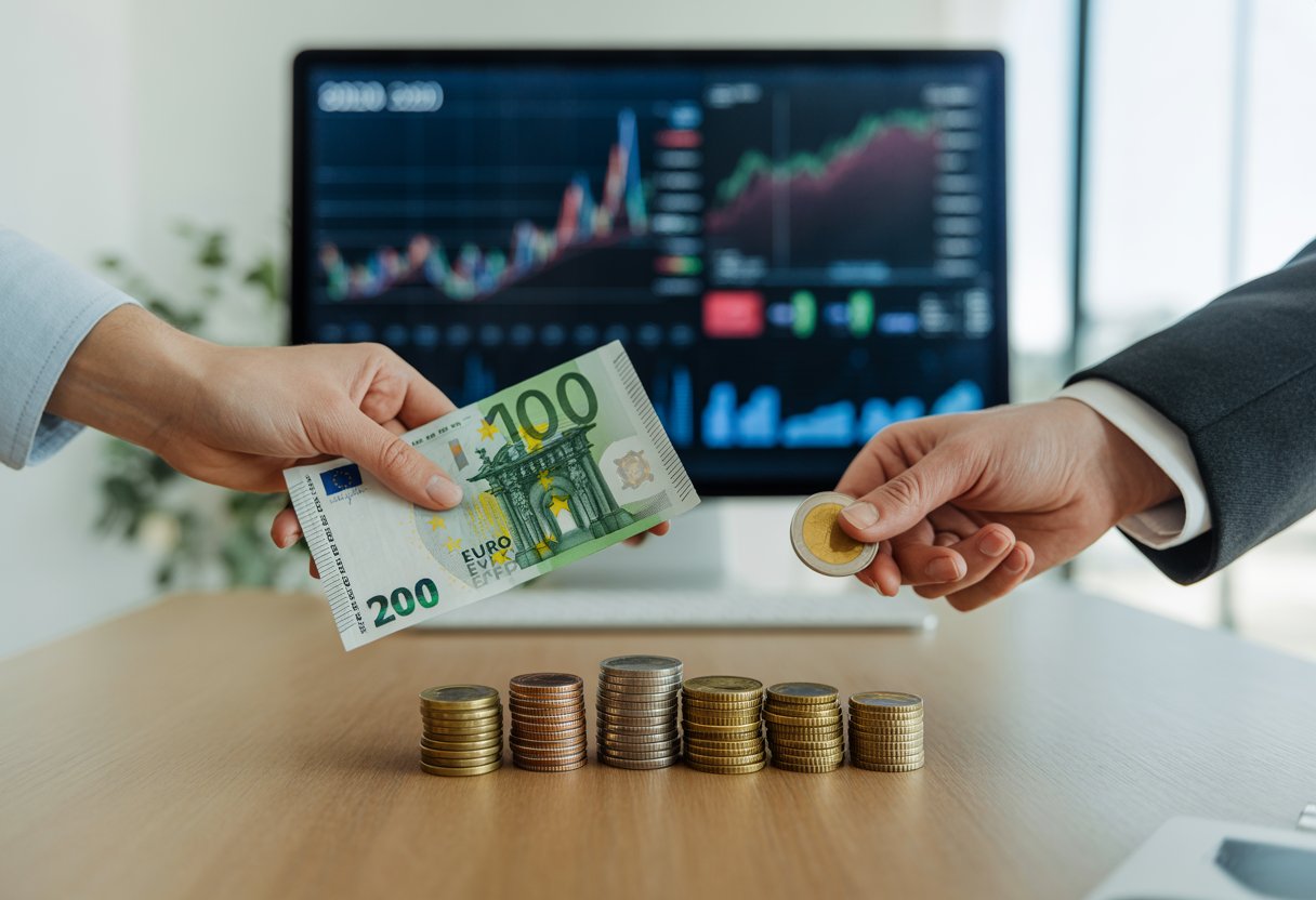 Hände tauschen Euro-Geldscheine und Münzen über einem Holztisch, im Hintergrund verschwommene Finanzdiagramme auf einem Computerbildschirm.