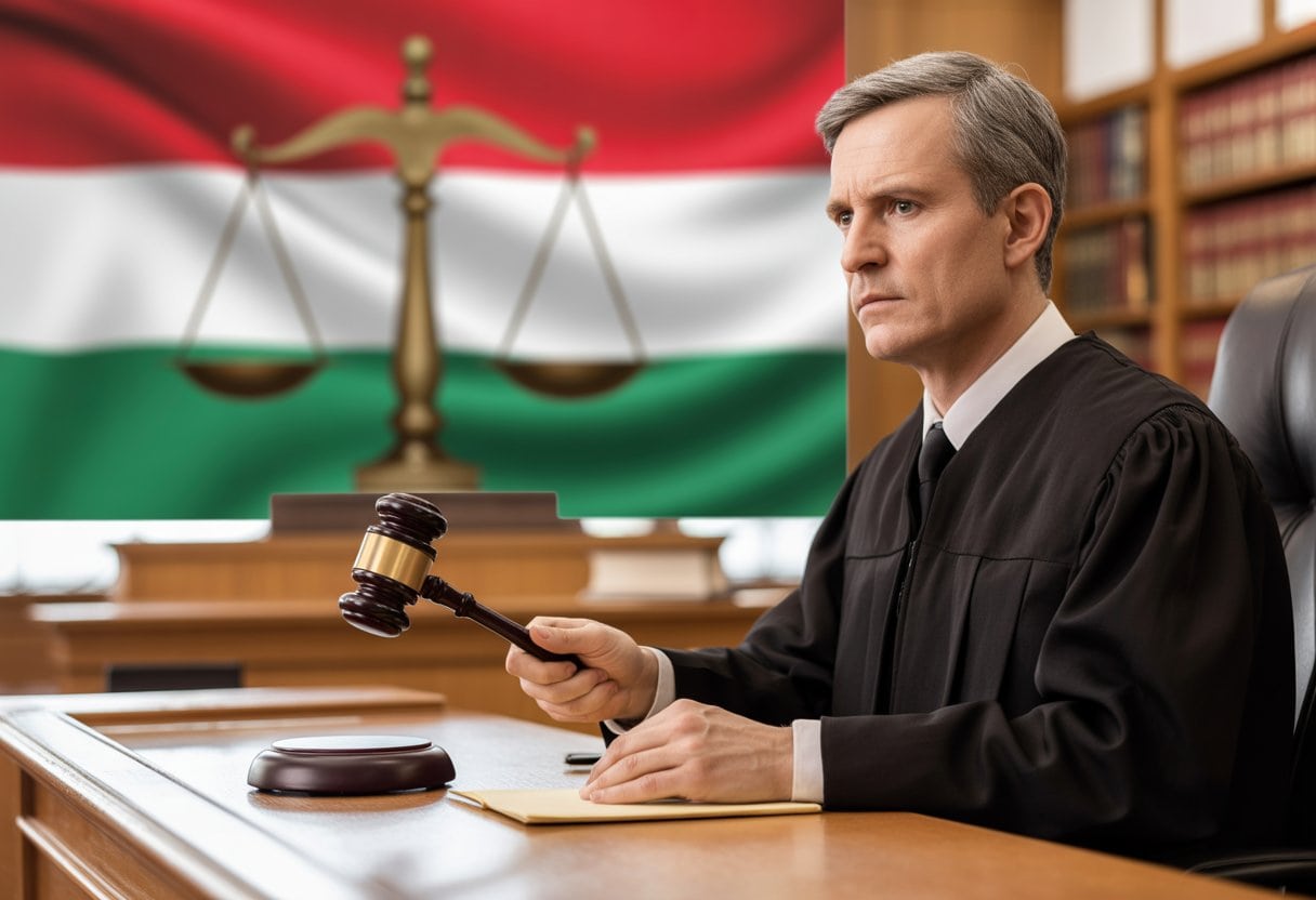 Ein Richter in einem Gerichtssaal hält einen Hammer über dem Tisch, im Hintergrund sind Justizwaagen und eine Staatsflagge zu sehen.