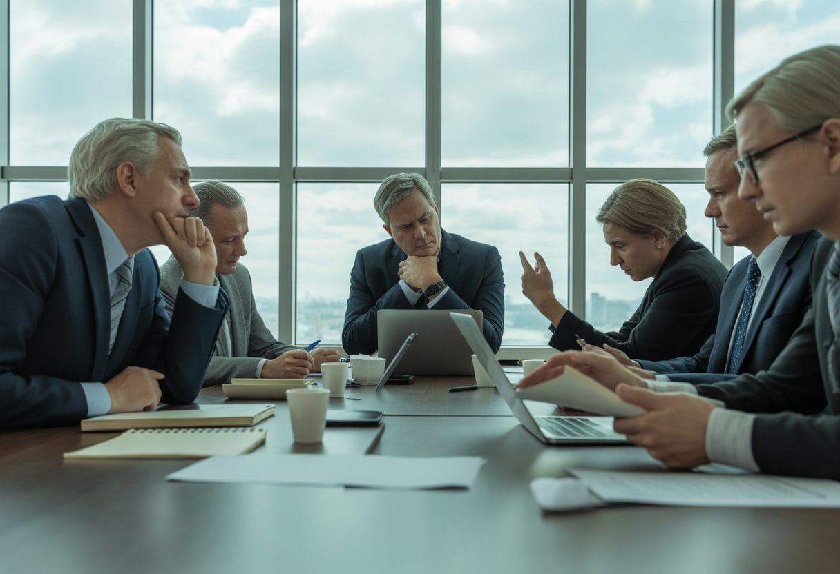 Politiker und Berater sitzen an einem großen Konferenztisch und diskutieren ernsthaft in einem modernen Büro.
