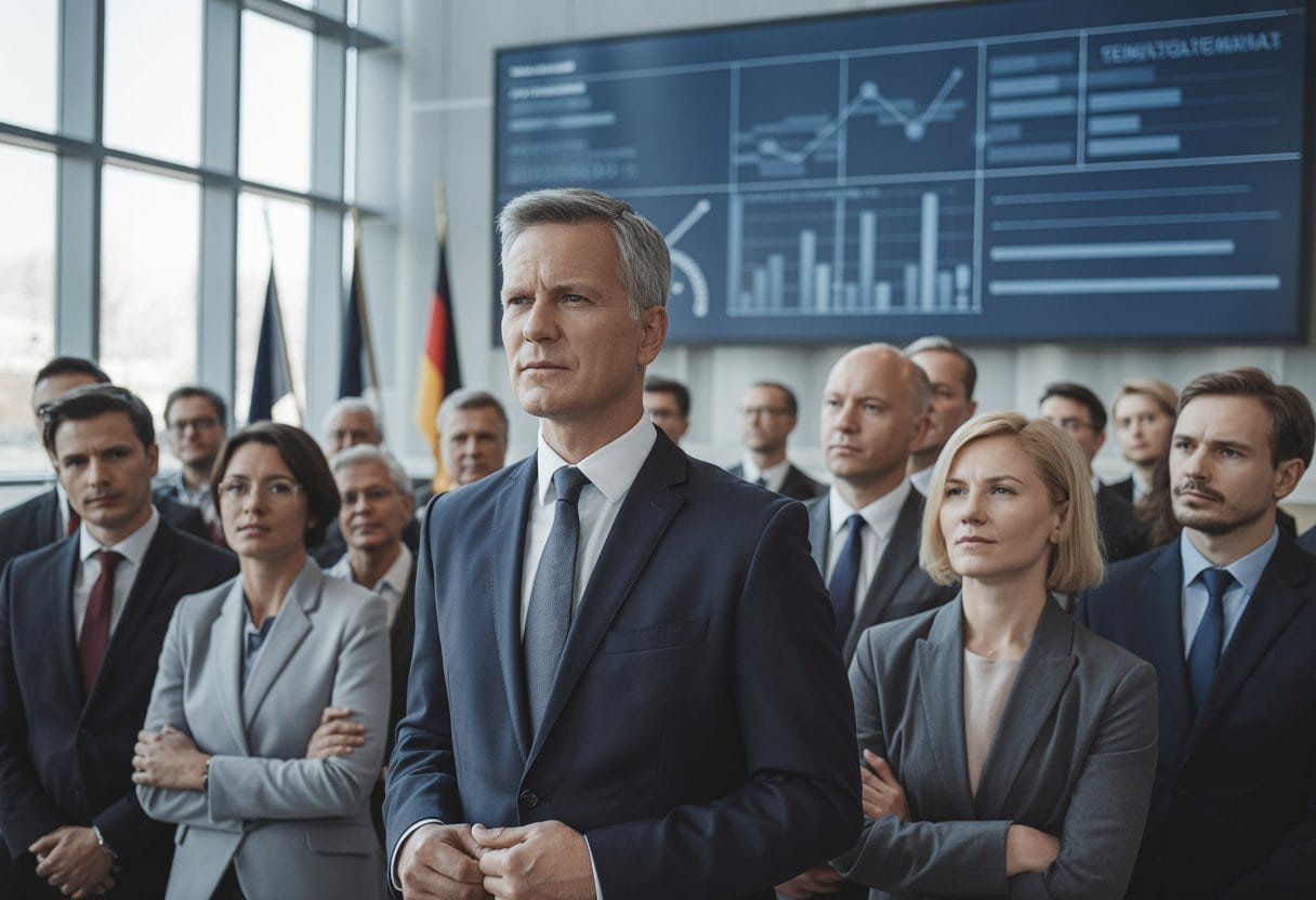 Politiker und Berater in einem modernen Konferenzraum bei einer Besprechung zum Regierungsstart, mit ernsten und erwartungsvollen Gesichtsausdrücken.