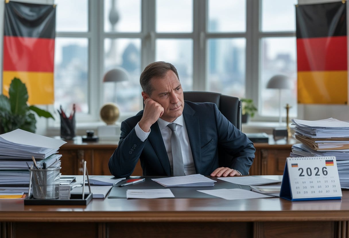 Ein nachdenklicher Politiker sitzt an einem Schreibtisch mit vielen Dokumenten in einem Büro mit Blick auf eine Stadt.
