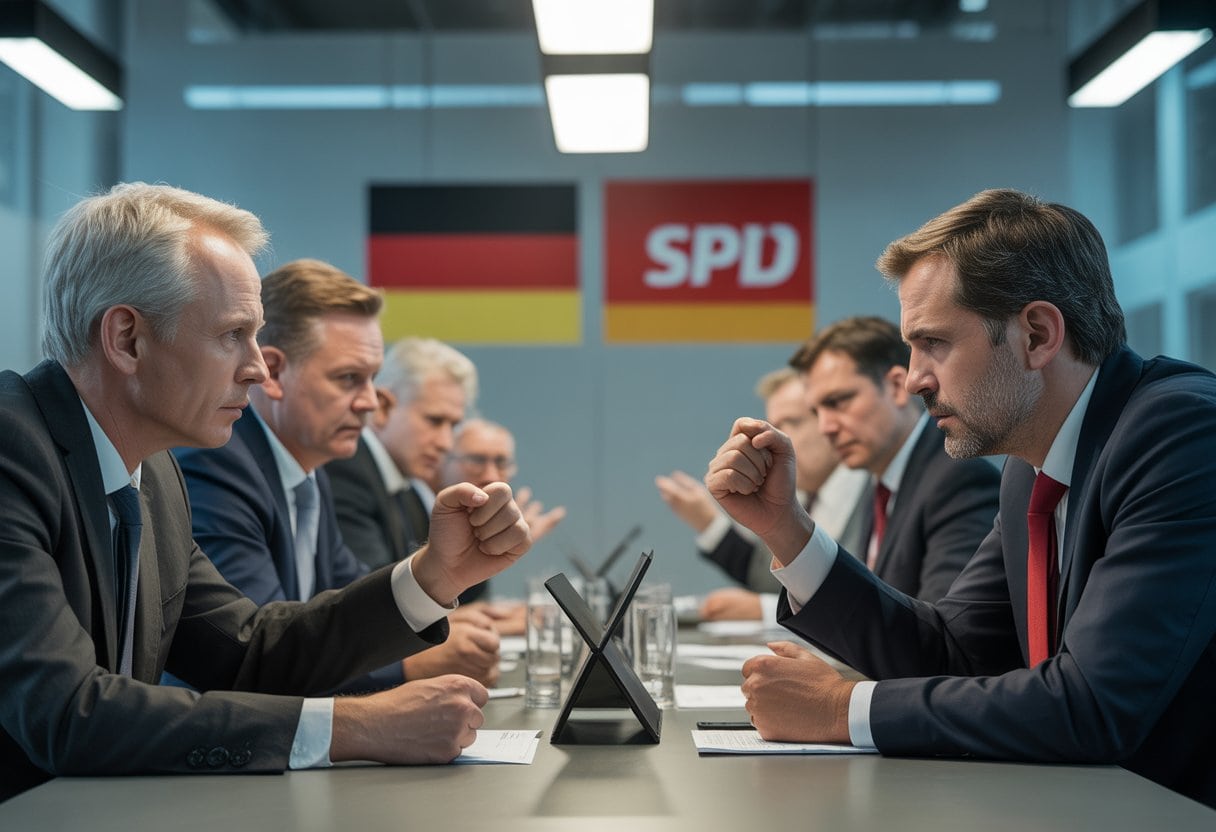 Politiker verschiedener Parteien sitzen angespannt an einem Konferenztisch und diskutieren heftig.