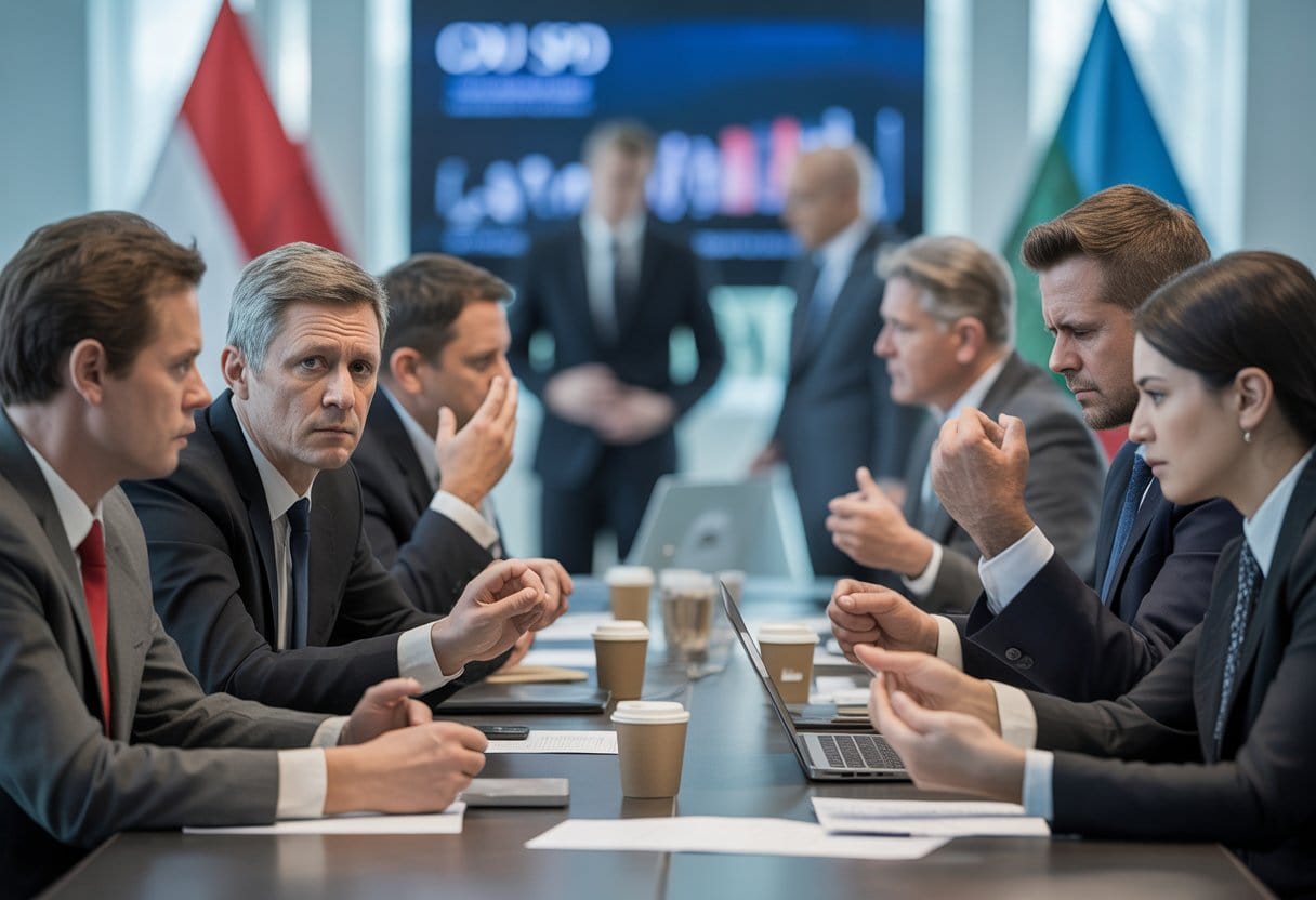 Politiker verschiedener Parteien diskutieren ernsthaft in einem modernen Konferenzraum.