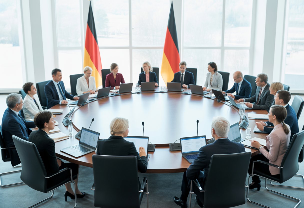 Politiker und Berater sitzen an einem großen Tisch in einem modernen Sitzungssaal und diskutieren gemeinsam.