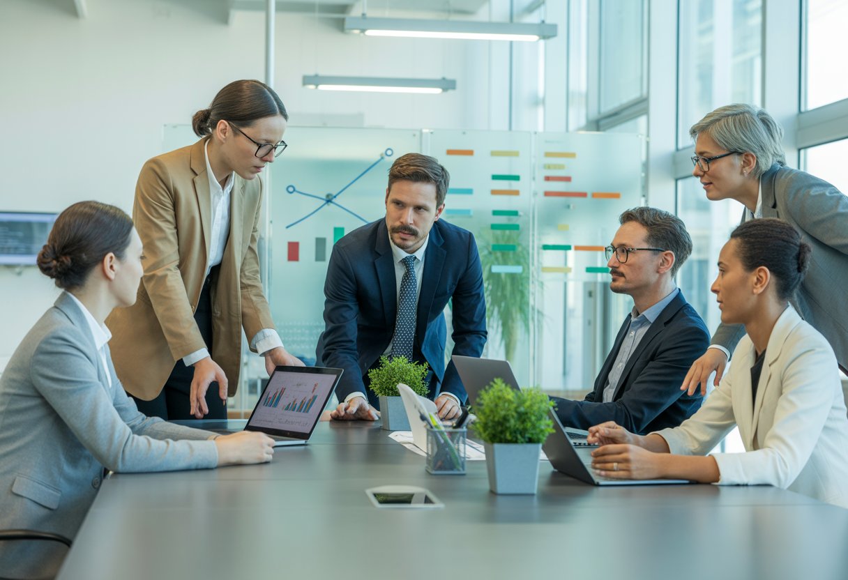 Eine Gruppe von Geschäftspersonen arbeitet gemeinsam an einem Konferenztisch in einem modernen Büro mit viel Tageslicht.