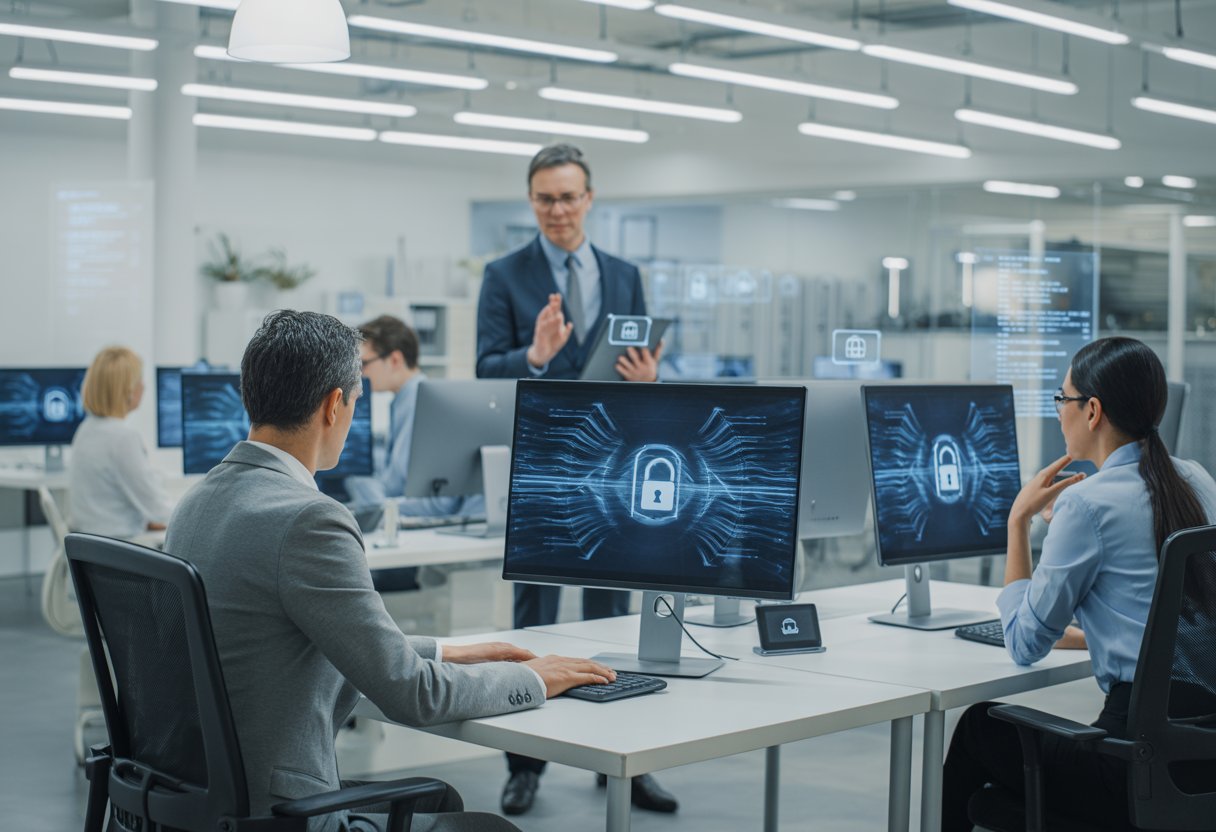 Eine moderne Büroumgebung mit Mitarbeitern, die an Computern arbeiten, während eine Führungskraft mit einem Mitarbeiter über Datenschutz spricht.