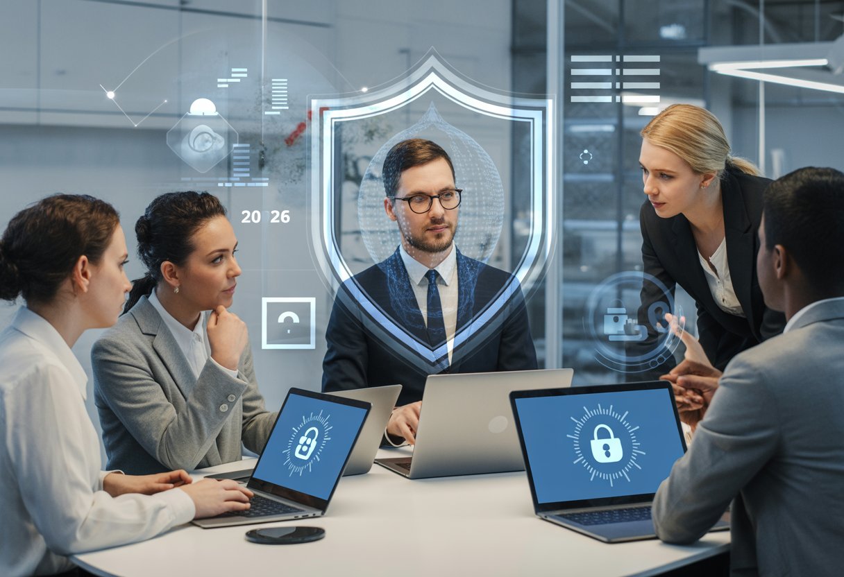 Mehrere Mitarbeitende und eine Führungskraft diskutieren in einem modernen Büro über Datenschutz und Mitarbeiterdaten.