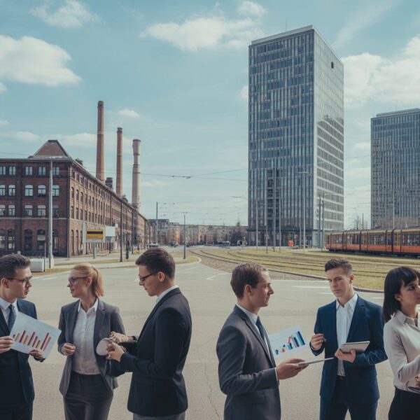 Eine moderne Stadtansicht in Ostdeutschland mit einer Gruppe von Geschäftsleuten vor alten Fabrikgebäuden und neuen Bürohochhäusern.