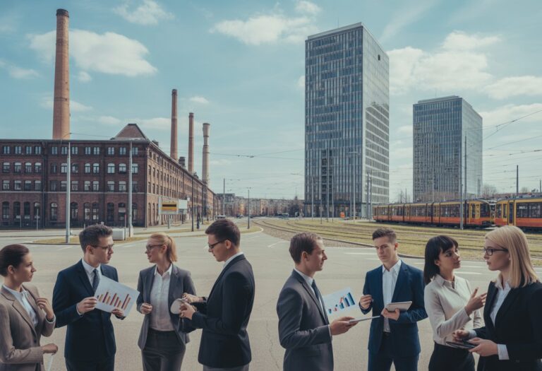 Eine moderne Stadtansicht in Ostdeutschland mit einer Gruppe von Geschäftsleuten vor alten Fabrikgebäuden und neuen Bürohochhäusern.