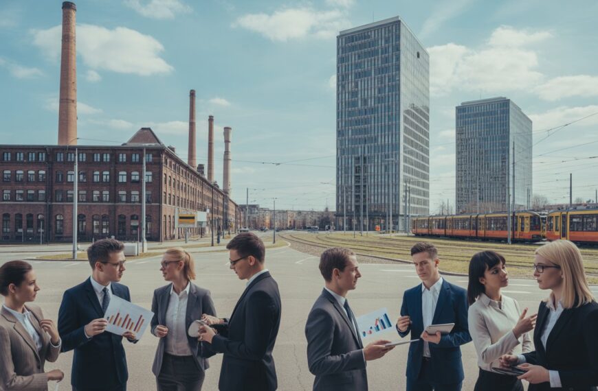 Eine moderne Stadtansicht in Ostdeutschland mit einer Gruppe von Geschäftsleuten vor alten Fabrikgebäuden und neuen Bürohochhäusern.