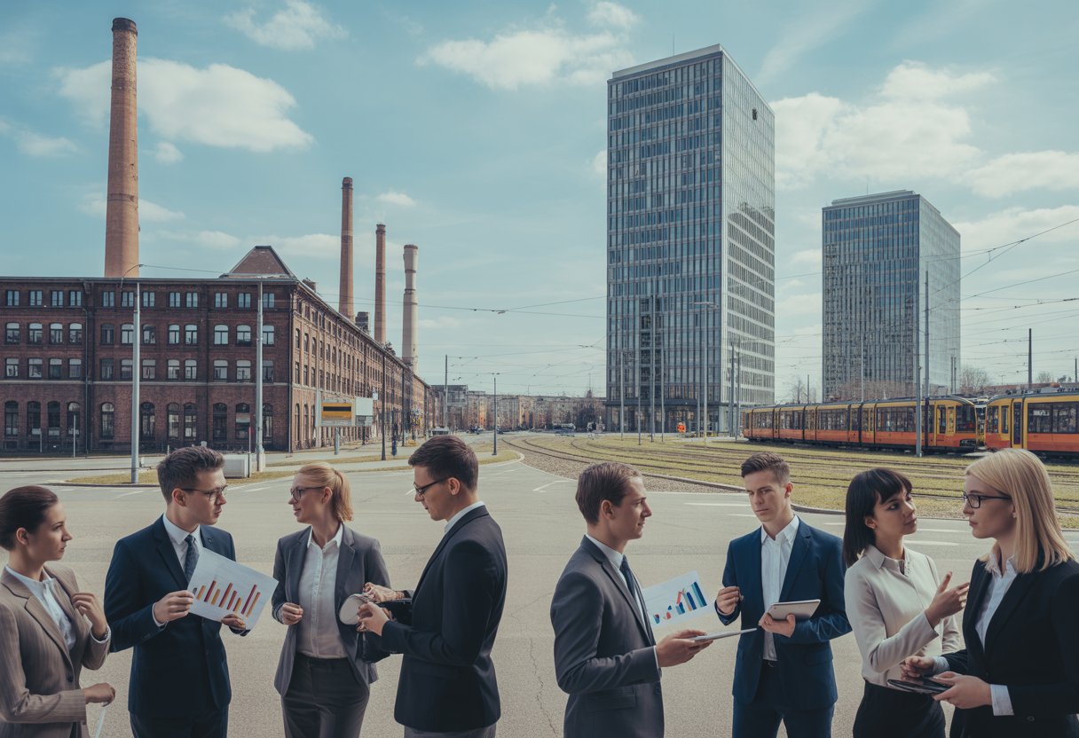 Eine moderne Stadtansicht in Ostdeutschland mit einer Gruppe von Geschäftsleuten vor alten Fabrikgebäuden und neuen Bürohochhäusern.