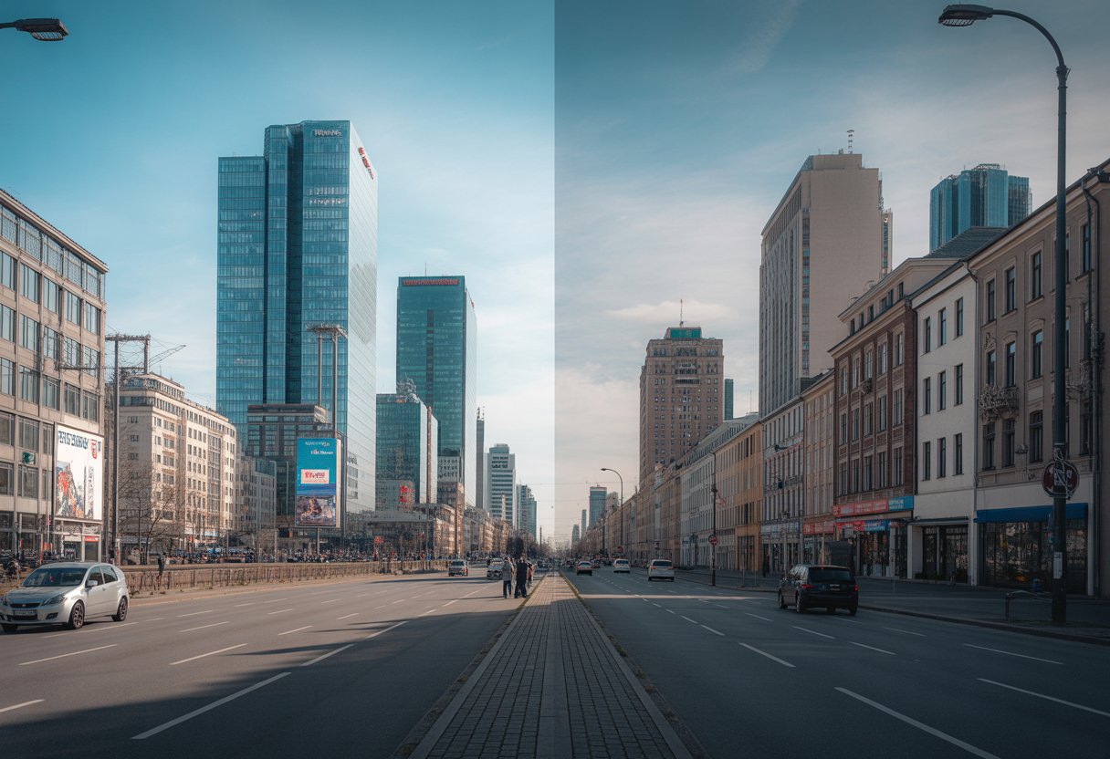 Eine geteilte Stadtansicht zeigt auf der linken Seite eine moderne westdeutsche Stadt mit Wolkenkratzern und geschäftigen Straßen, auf der rechten Seite eine ältere ostdeutsche Stadt mit älteren Gebäuden und weniger Aktivität.