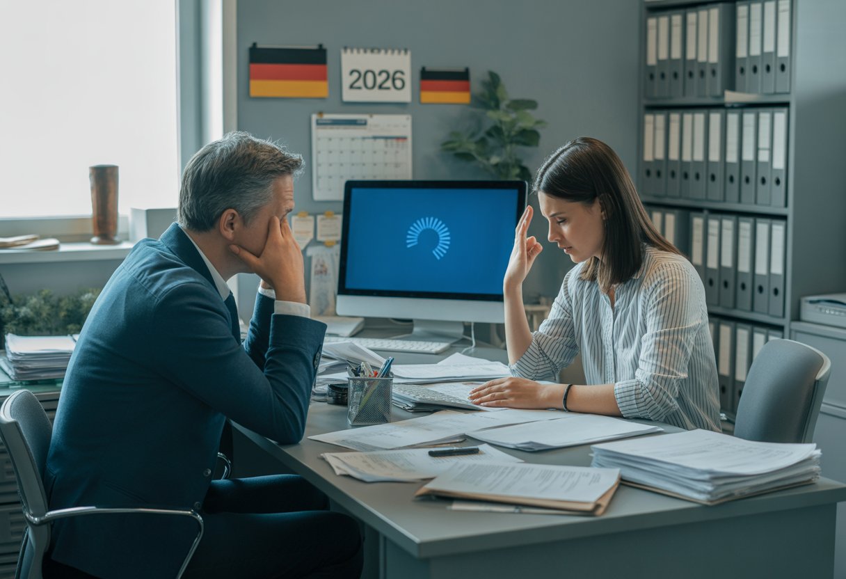 Ein Mann und eine Frau sitzen an einem Schreibtisch mit Papierstapeln und einem Computer, der langsam lädt, in einem Büro mit alten Aktenschränken im Hintergrund.
