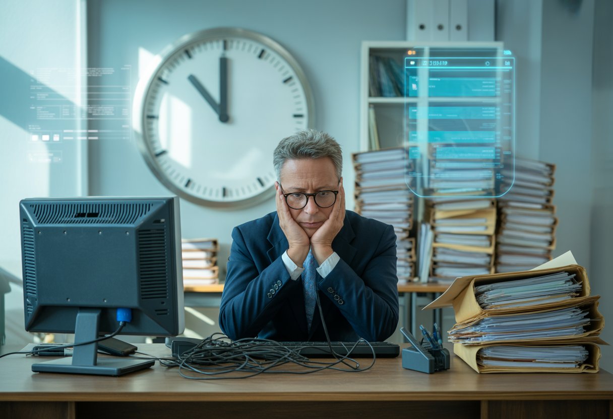 Ein frustrierter Mitarbeiter in einem deutschen Regierungsbüro sitzt an einem Schreibtisch mit alter Computertechnik und Papierstapeln, im Hintergrund eine analoge Uhr und ein holografisches digitales Interface.