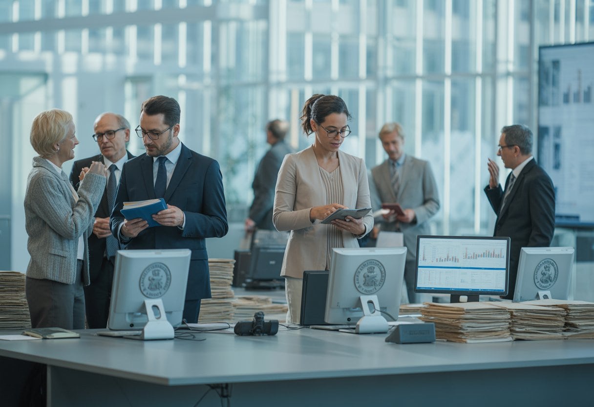 Menschen unterschiedlicher Herkunft nutzen digitale Informationsstationen in einem modernen Regierungsbüro mit großen Fenstern.