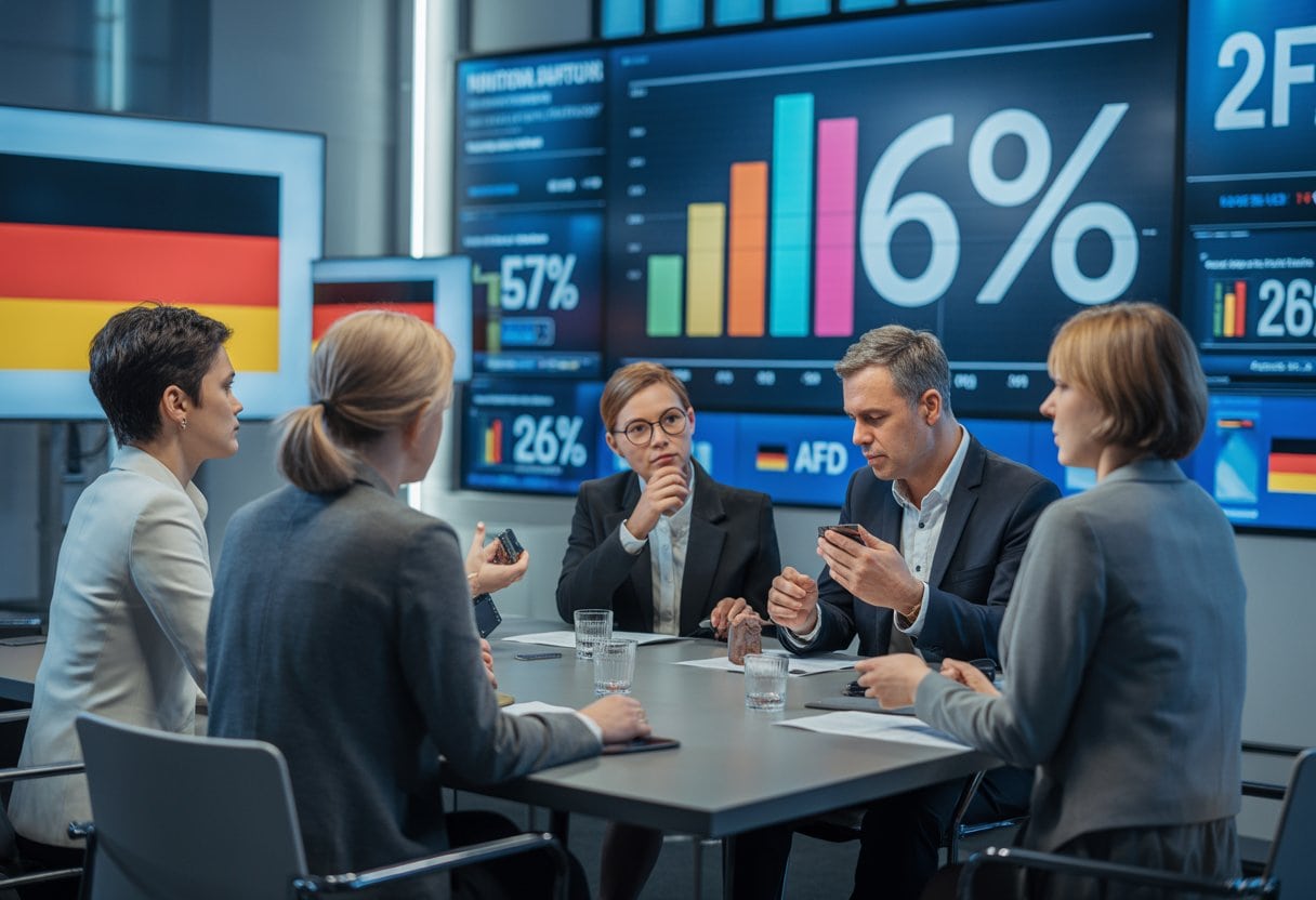 Menschen in einem modernen Raum diskutieren über Wahlergebnisse mit Diagrammen auf Bildschirmen im Hintergrund.