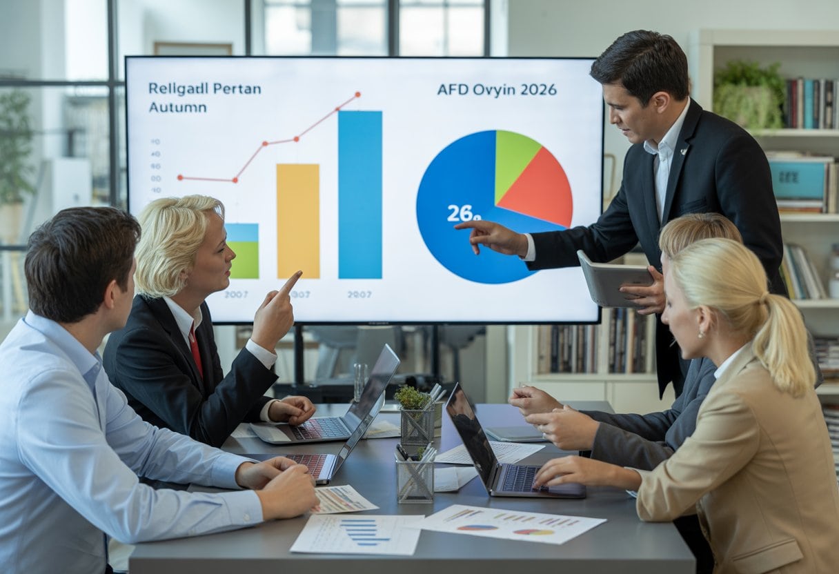 Eine Gruppe von Menschen in einem modernen Büro analysiert gemeinsam Umfragedaten auf Bildschirmen und diskutiert konzentriert.