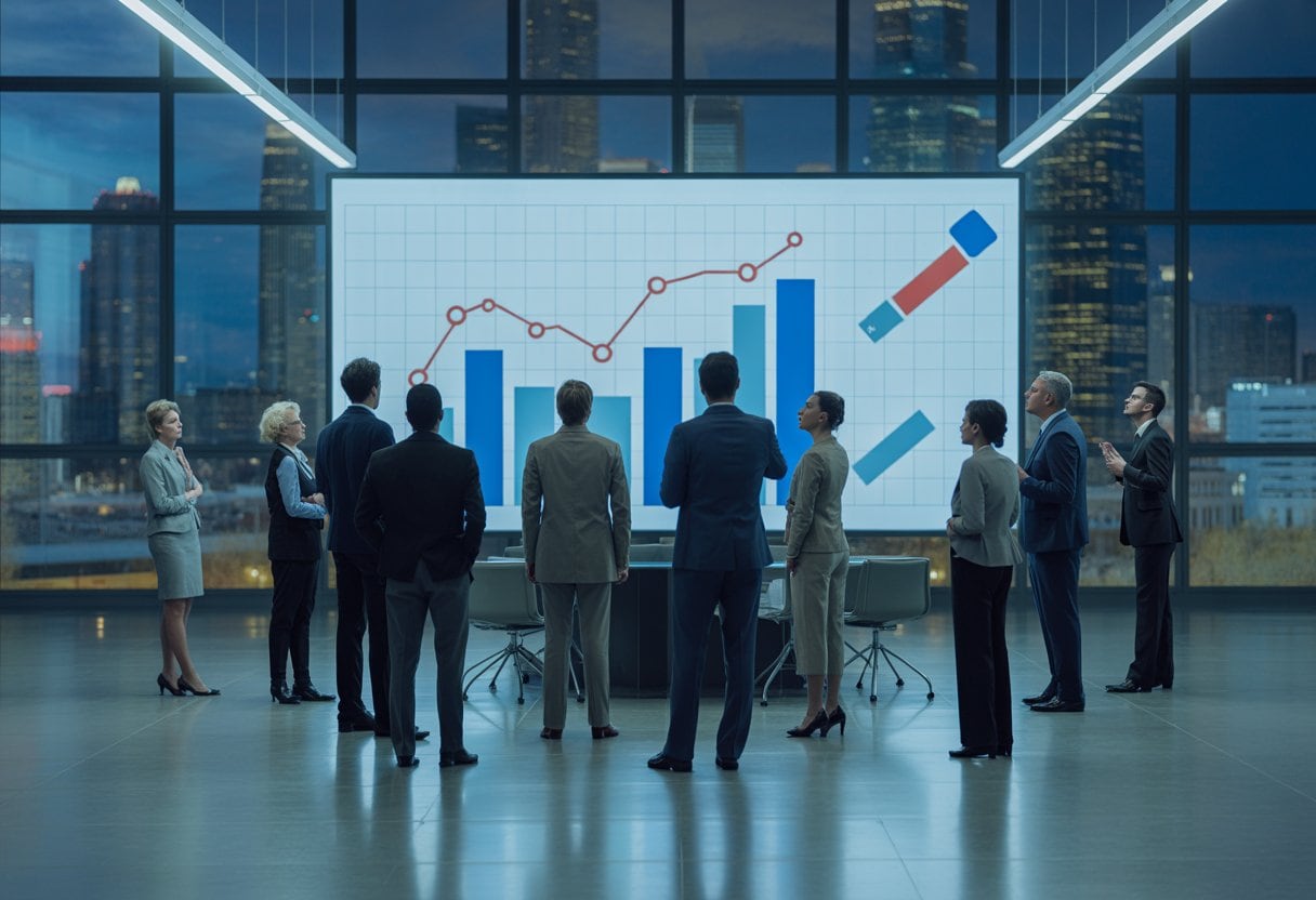 Mehrere Personen in einem modernen Büro diskutieren konzentriert vor einem großen Bildschirm mit Diagrammen.