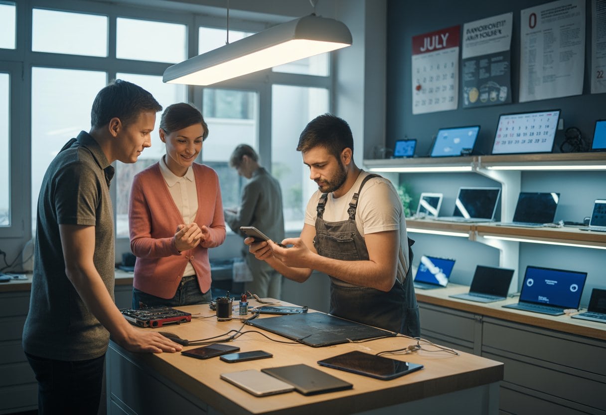 Menschen beobachten einen Techniker, der in einer Werkstatt ein Smartphone repariert.