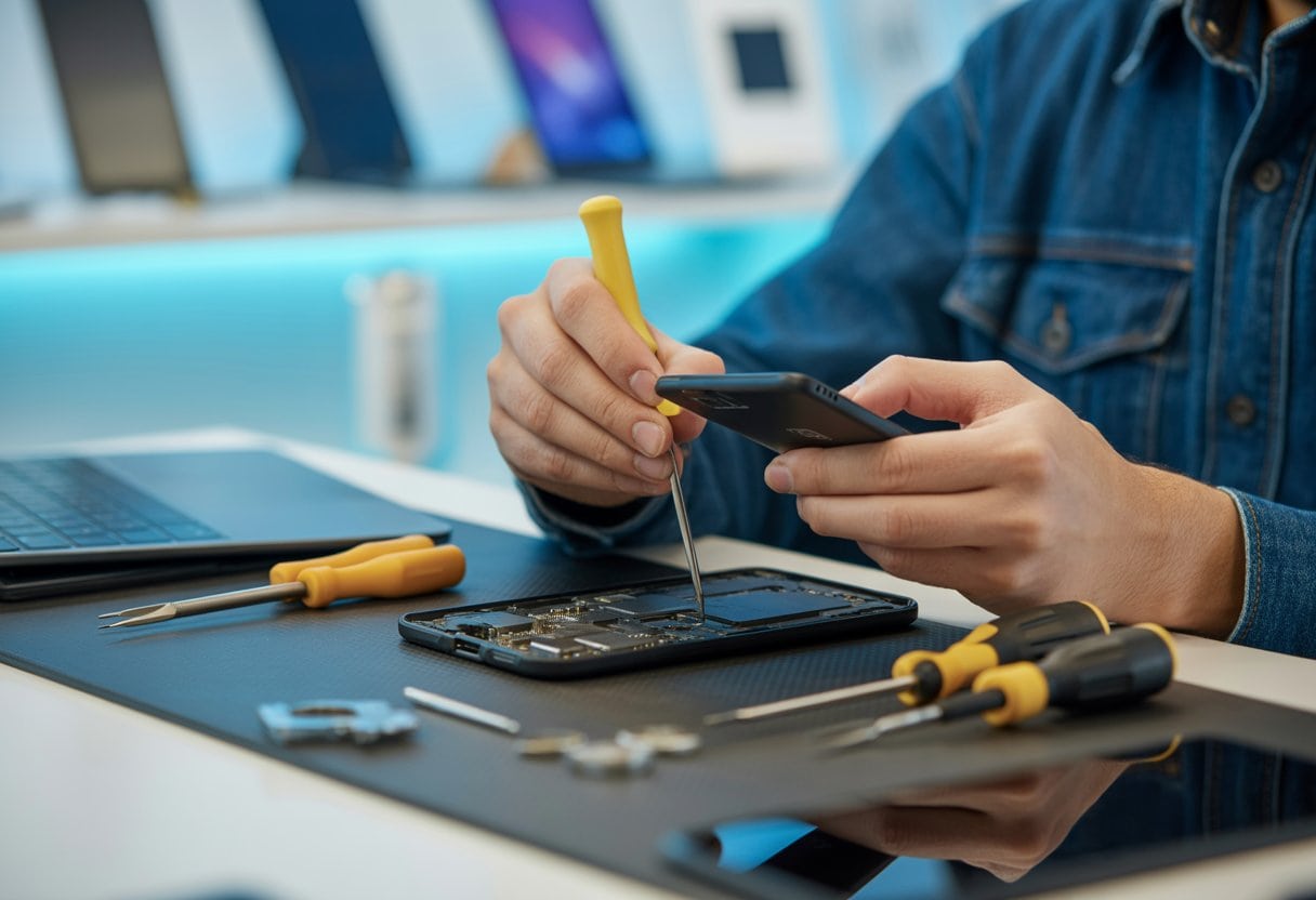 Techniker repariert ein Smartphone an einem gut beleuchteten Arbeitsplatz mit Werkzeugen.