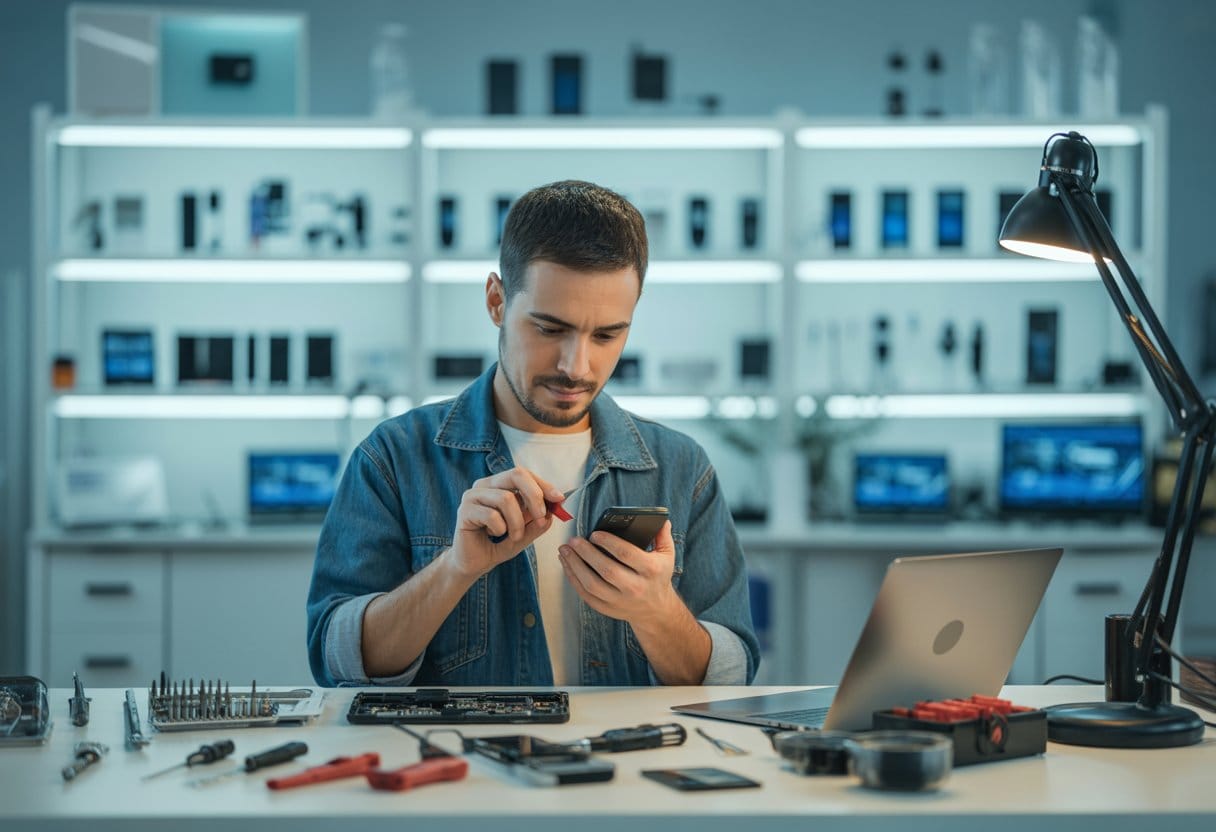 Ein Techniker repariert konzentriert ein elektronisches Gerät in einer modernen Werkstatt mit Werkzeugen und Ersatzteilen.