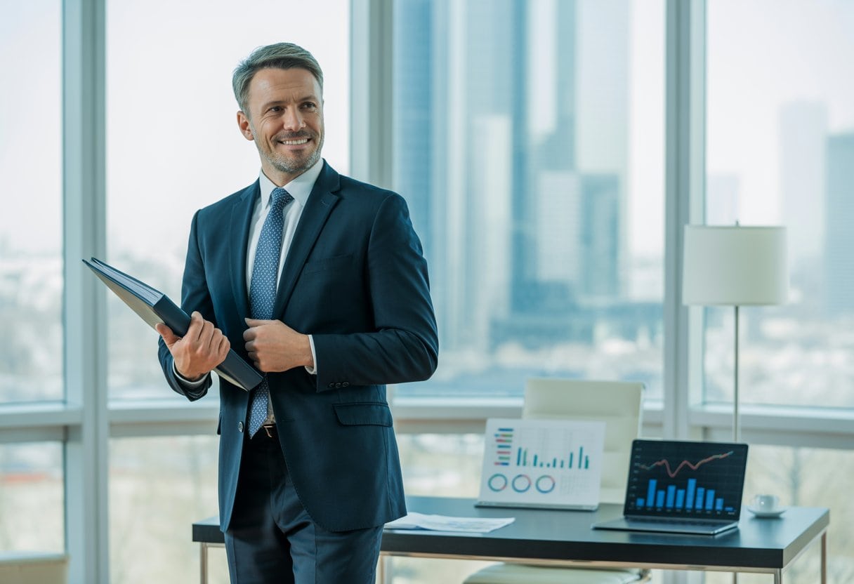 Ein männlicher Politiker in einem modernen Büro steht vor einem Fenster mit Blick auf die Stadt und hält Dokumente in der Hand.