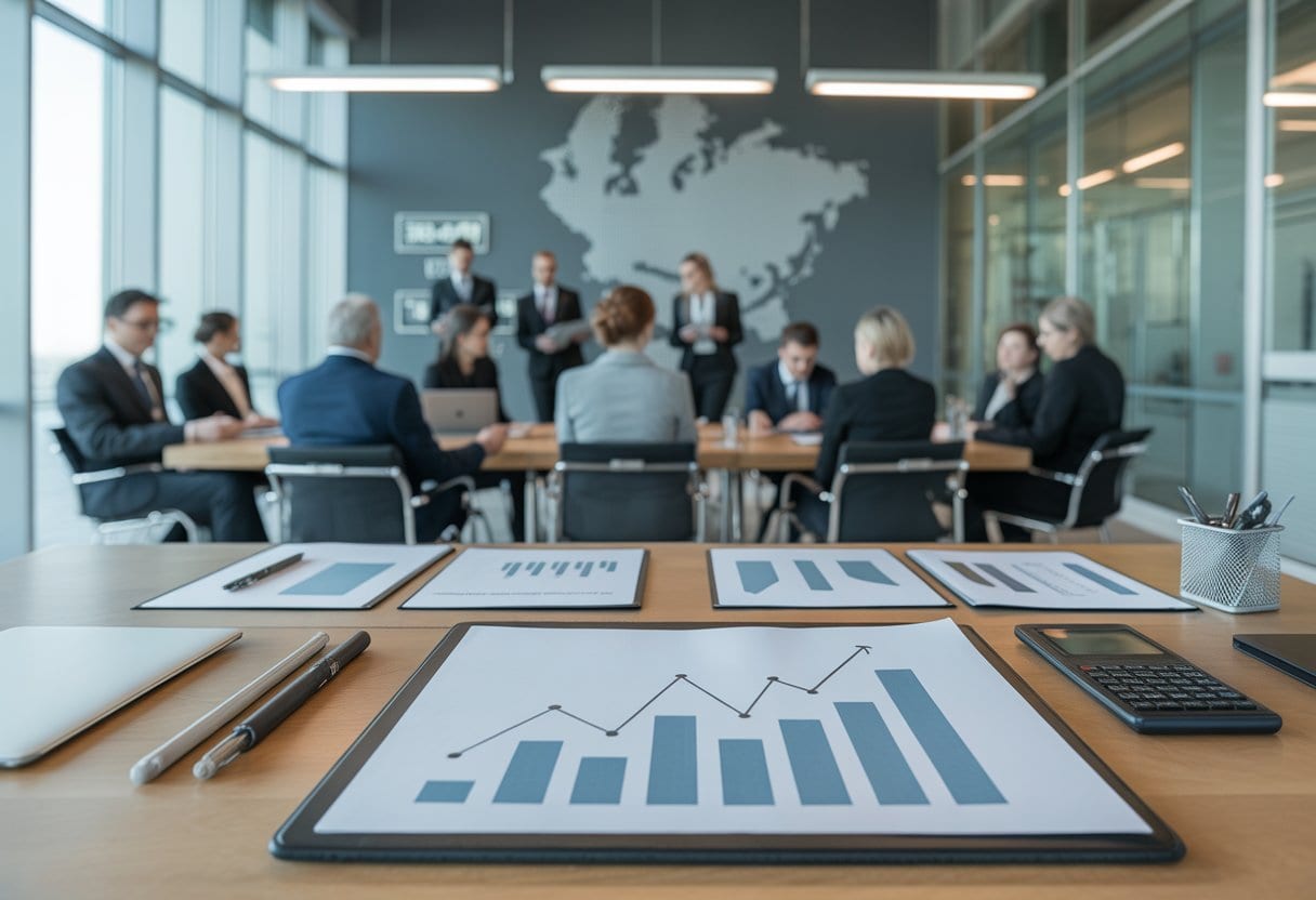 Fachleute analysieren in einem modernen Konferenzraum Wirtschaftsdaten und politische Unterlagen.