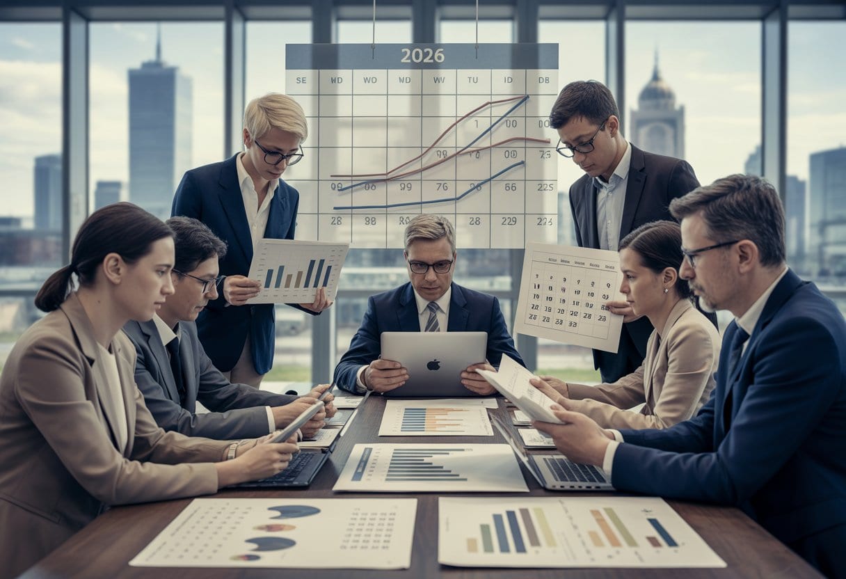 Wirtschaftsexperten und Regierungsmitarbeitende analysieren gemeinsam Diagramme und Prognosedaten an einem Konferenztisch.