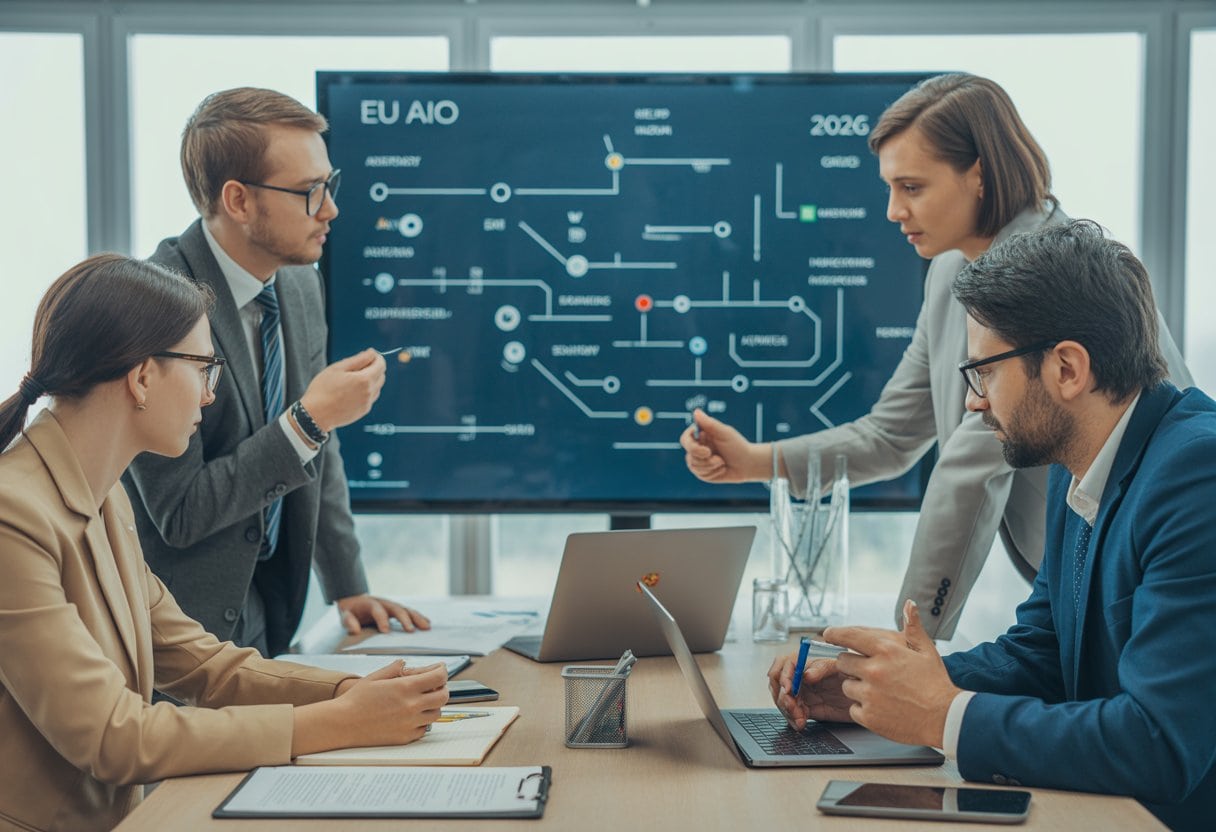 Ein diverses Expertenteam bewertet gemeinsam KI-Risiken in einem modernen Büro.