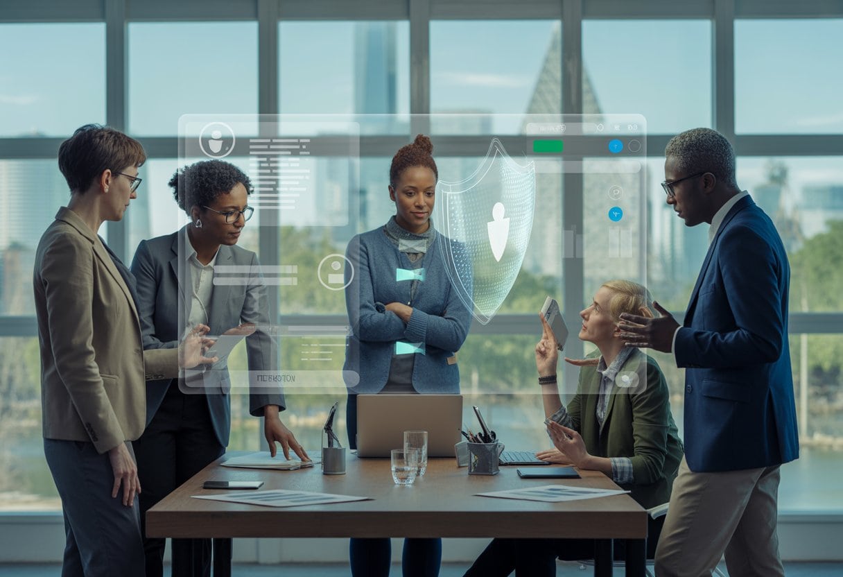 Eine vielfältige Gruppe diskutiert in einem modernen Arbeitsraum vor einer digitalen Netzwerkdarstellung über Bürgerrechte und Technologie.