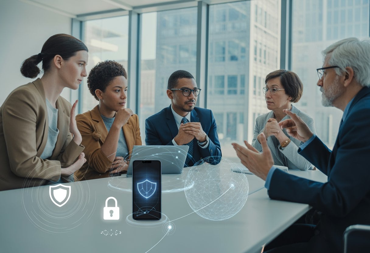 Eine vielfältige Gruppe diskutiert in einem modernen Innovationsraum über digitale Bürgerrechte und den Schutz persönlicher Daten.