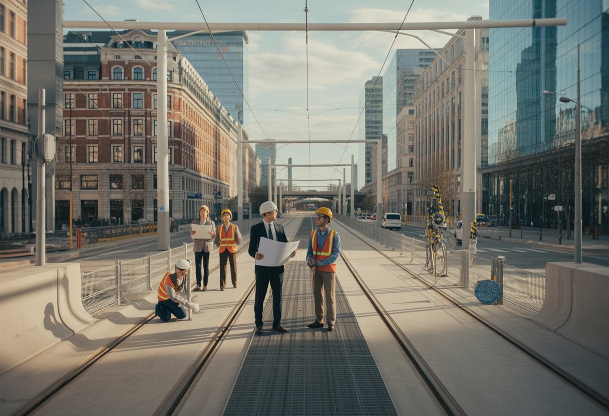 Fachleute planen die Modernisierung öffentlicher Verkehrsanlagen und Gebäude auf einer städtischen Baustelle.